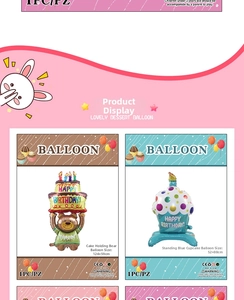 Three-layer bear cake and blue cupcake balloons for birthday party decoration