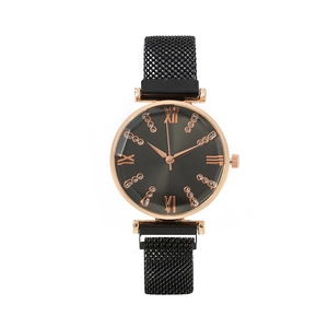 Elegant women's watch with dark grey sunburst dial and black magnetic mesh strap