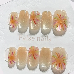 Unghie Finte Press On Occhio Di Gatto Gialle Corte Quadrate Oro Champagne Motivo Fuochi D'artificio Glitter Per Donne Luccicante