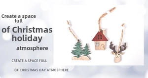 Three wooden Christmas ornaments featuring a green tree, red house, and reindeer with ropes