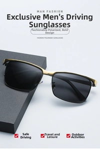 Macro shot of polarized sunglasses featuring black lenses and golden metal frame accents