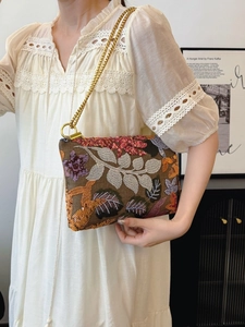Women Evening Clutch Bag Floral Embroidery Sequin Lace Artificial Pearl Fabric With Metal Chain Strap Envelope Vintage Party Purse