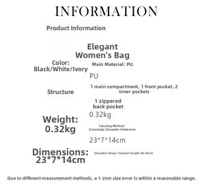 Detailed size specifications for the PU leather crossbody bag featuring a clear 23x7x14cm chart