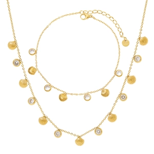 Gold stainless steel jewelry set with colorful zircon stones and shell pendants