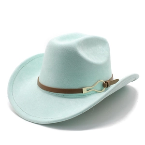 Mint green felt western cowboy hat with a brown leather band and gold metal buckle