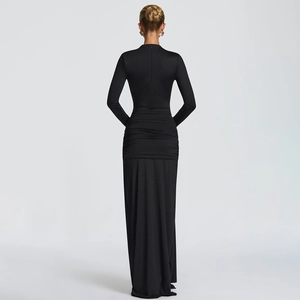 Elegant back view of long-sleeve black maxi dress with ruching and high neck design