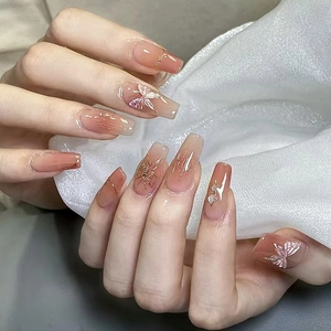 Butterfly Gradient Coffin Press On Nails Long Ballerina Artificial Fingernails Fairy Temperament Nude Pink Fake Nails A915
