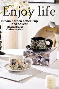 Macro detail of iris flower ceramic coffee cup with artistic patterns and round handle
