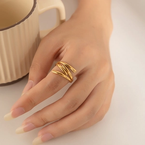 Detailed view of multilayer gold stainless steel ring worn on finger with minimalist design