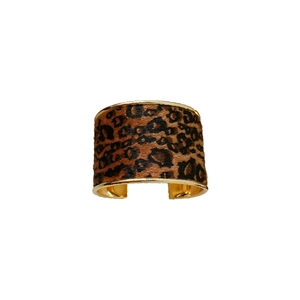 Luxury leopard print faux fur wide open bangle with elegant gold metal trim for women