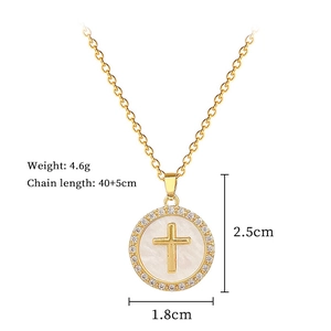 Detailed specs of luxury titanium gold cross necklace with crystal circle and shell inlay