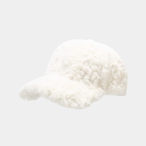 Close-up of fluffy white faux fur texture on this winter baseball cap for women