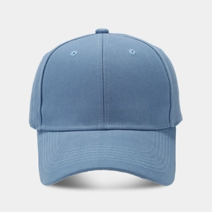 Detailed view of grey-blue cotton baseball cap with reinforced stitching and eyelets