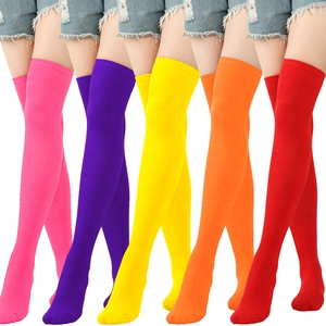 Colorful over-the-knee striped knit socks in pink, purple, yellow, orange and red tones