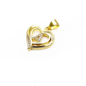 Detailed view of a gold heart pendant featuring a zircon-studded letter A on white background