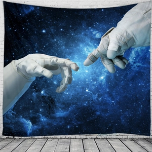 Detail of starry space astronaut tapestry on a white brick wall for room decor