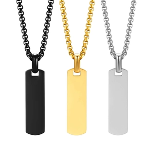 Polished stainless steel rectangle tag necklaces in black, gold, and silver finishes