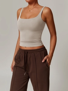 Detailed view of grey square neck vest with soft slim-fit fabric on model