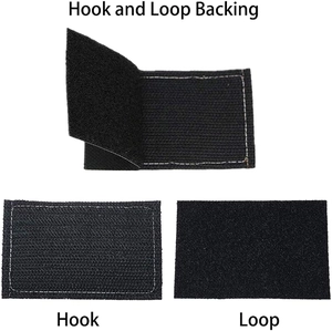 Black rectangular hook and loop backing patch with double-sided adhesive textures