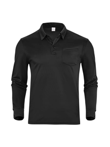 Close-up of black mesh polo shirt featuring detailed honeycomb texture and chest pocket