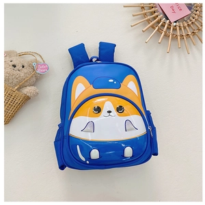 Blue kindergarten backpack featuring a 3D cute shiba inu dog cartoon on a white wall