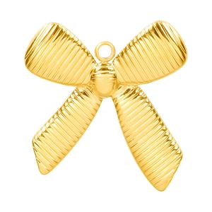 Macro detail of golden 304 stainless steel bow pendant with fine textured metal surface