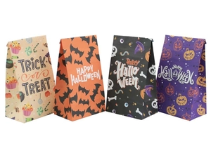 Detailed set of four colorful Halloween kraft paper bags with trick or treat patterns