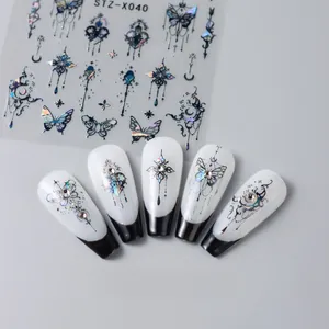 Detailed holographic butterfly and moon nail decals for 3D metallic DIY nail art designs