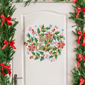 Christmas wreath door sticker with Merry Christmas lettering on white door decor
