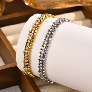 Three-row stainless steel chain bracelets in gold and silver finish with zircon inlay