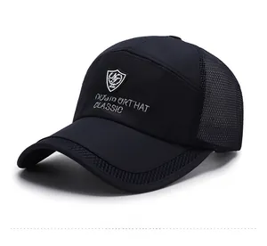 Close-up of deep blue outdoor sport hat with embroidery and breathable mesh fabric