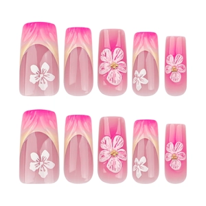 French 3D blush gradient press-on nails with white flowers and gold bead accents