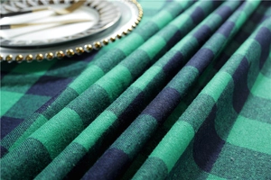 Detailed close-up of green and blue checkered tablecloth fabric texture with dinnerware
