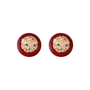 Elegant deep red oval stud earrings with gold plating and sparkling zircon crystals