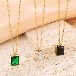 French retro gold titanium steel necklace with square glass pendant in three colors