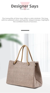 Close-up of woven tote bag featuring oatmeal texture and brown rope handles with metal eyelets