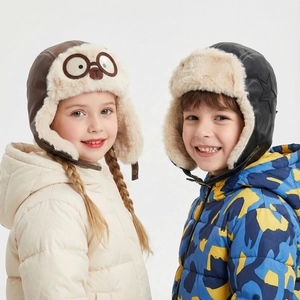 Kids Trapper Hat PU Leather Faux Fur Lined Aviator Style Winter Warm Ear Flap Cap For Boys Girls Retro Windproof Outdoor