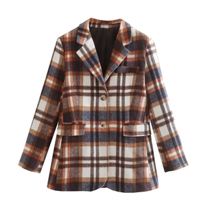 Classic plaid wool blazer with notch lapel and brown orange checkered pattern on white background