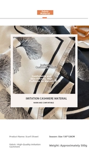 Detail of ginkgo leaf pattern scarf with fringe, 130x128cm imitation cashmere material