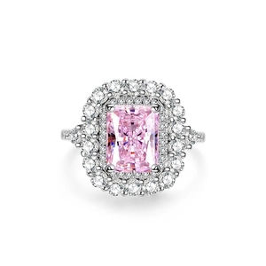 Luxurious S925 sterling silver ring with a rectangular pink crystal in a halo setting