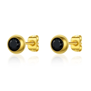 Classic gold titanium steel round earrings with black zircon stones on white background