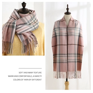 Detail of pink and grey plaid scarf showing soft cashmere-like texture and tassel fringe