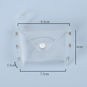 Detailed size specifications of a transparent PVC mini coin purse with silver snap closure
