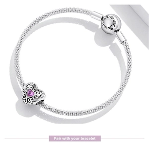 Silver mesh bracelet featuring a pink heart pendant and Forever Family engraved clasp