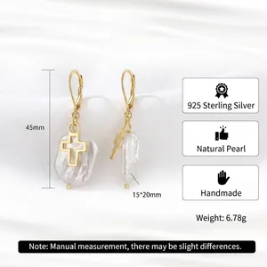 Baroque natural pearl cross earrings in 925 sterling silver with gold plating finish