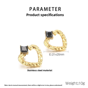 Detail showing irregular gold heart earrings with black gems and product dimensions