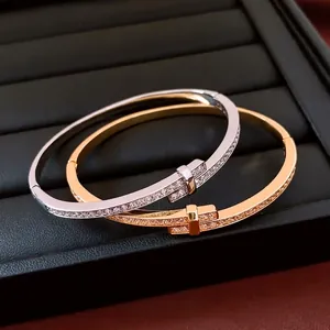 Elegant Crossed T Bangle Bracelet Copper Gold Silver Plated Cubic Zirconia Pave Minimalist Luxury Jewelry For Women