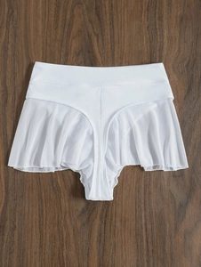 Close-up of white high-waisted mesh bikini bottom with layered ruffle skirt details