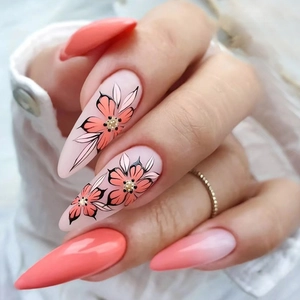 Sunset Yellow Gradient Long Pointed Press On Nails Vintage Floral Ins Style Artificial Nails With Glue For Women