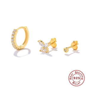 Three-piece S925 sterling silver gold earring set with butterfly and zircon stones